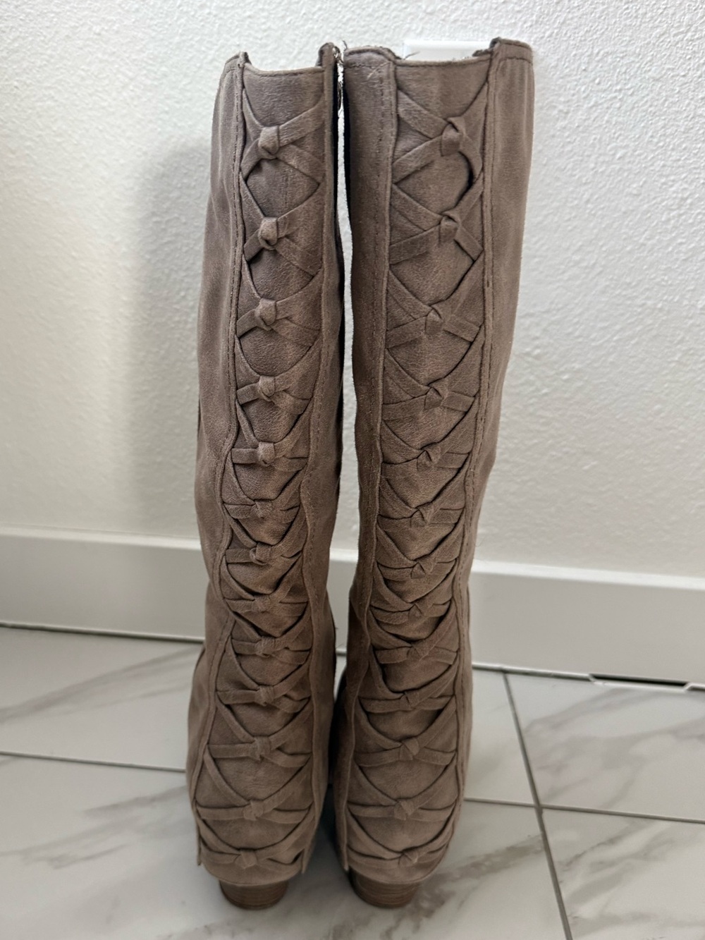 Fergalicious Leesa Taupe Suede Knee-High Lace-Back Boots - size 8 WIDE - Picture 3 of 10